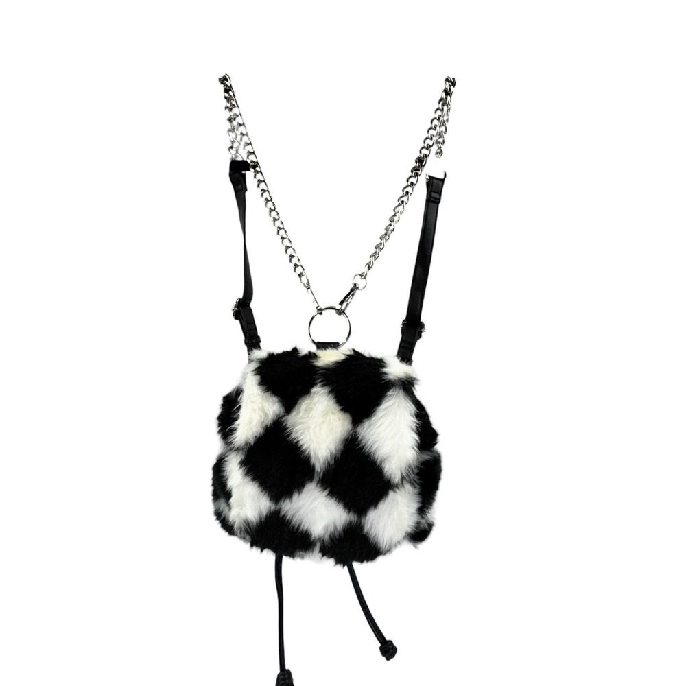 Current Mood Black and White Faux Fur Mini Backpack with Chain Straps